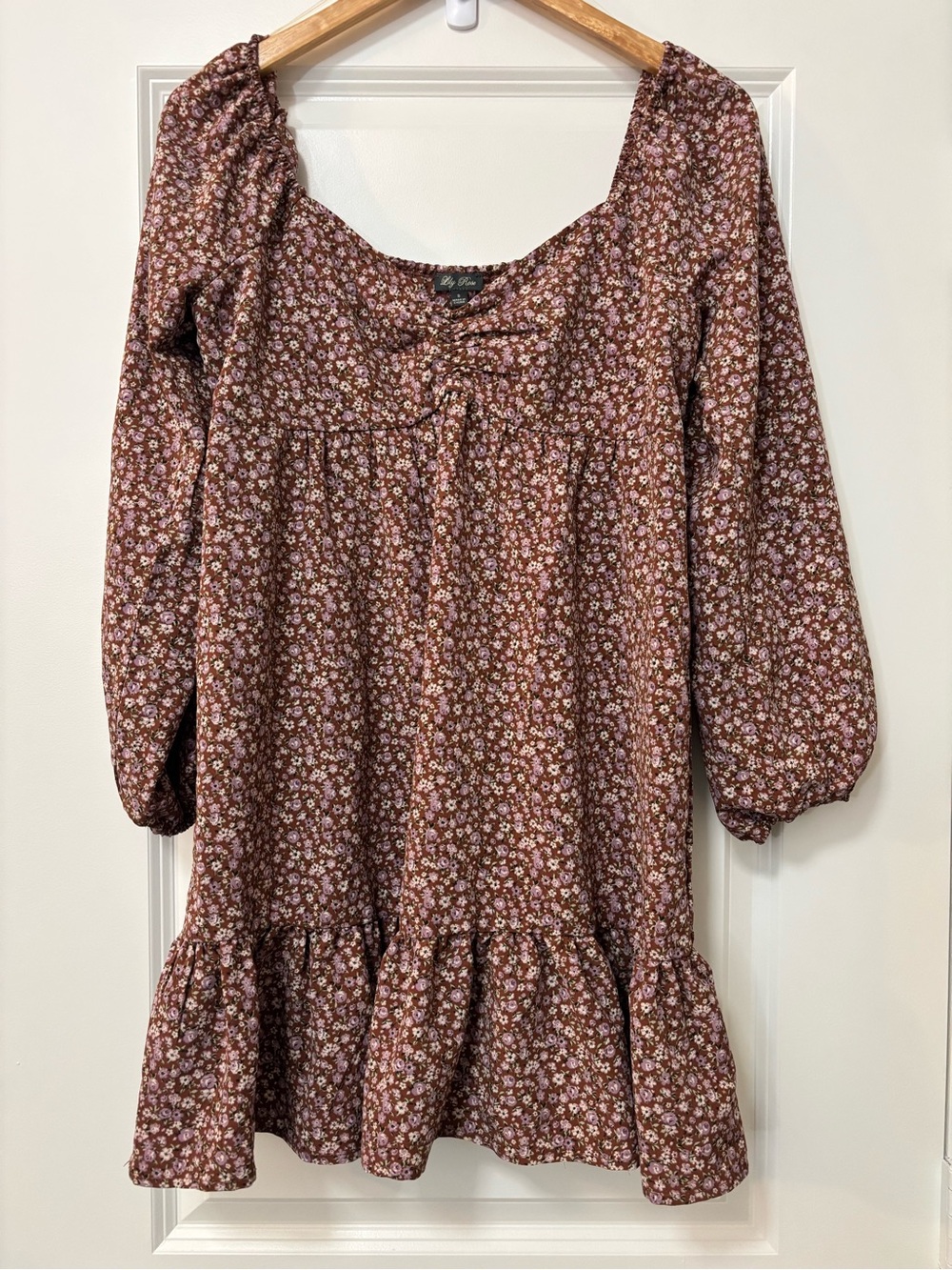 Lily Rose Brown and Purple Floral Print Ruffle Hem Mini Dress, Size S